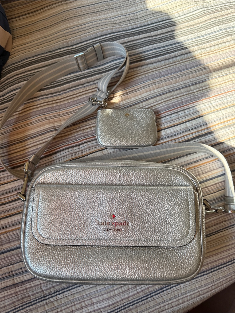 kate spade Metallic Silver Pebbled Leather Crossbody with Coin Pouch